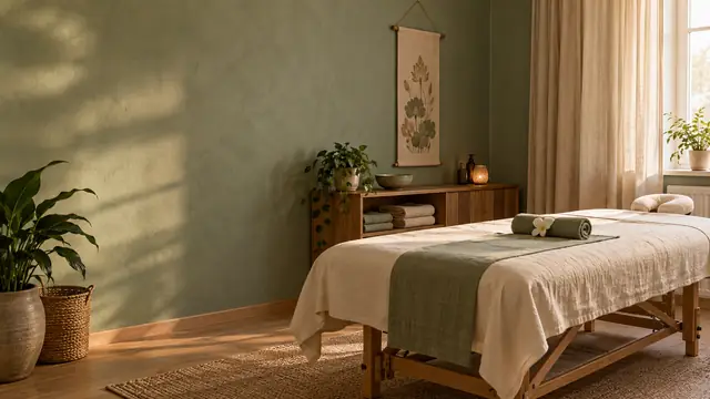 Stilla behandlingsrum med salviagröna väggar, massagebänk och mjukt solljus