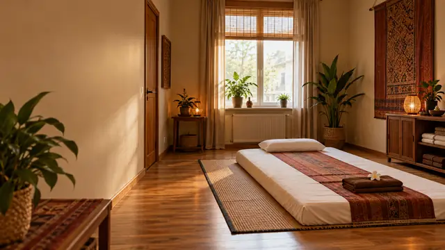 Behandlingsrum med thaimassagemadrass, mönstrade textilier och teakmöbler i varmt kvällsljus